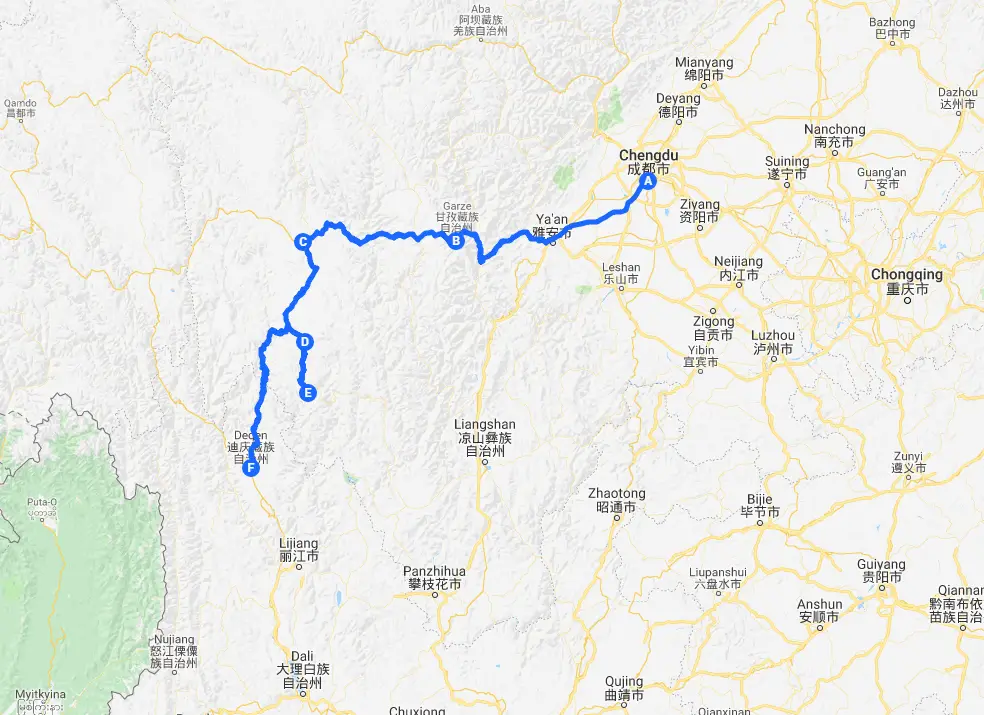 Chengdu to Shangri-La overland route