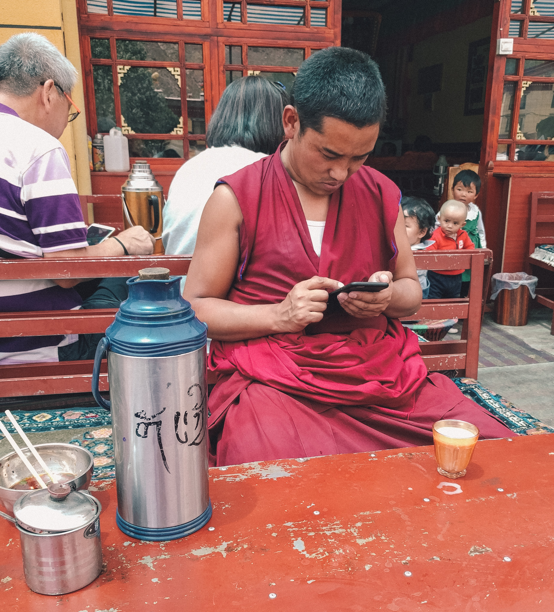 Monk on a cellphone in Tibet