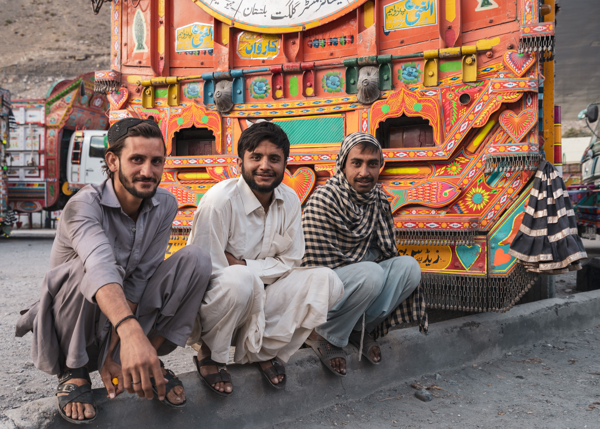 Friendly truck drivers near the Khunjerab Pass border crossing with China