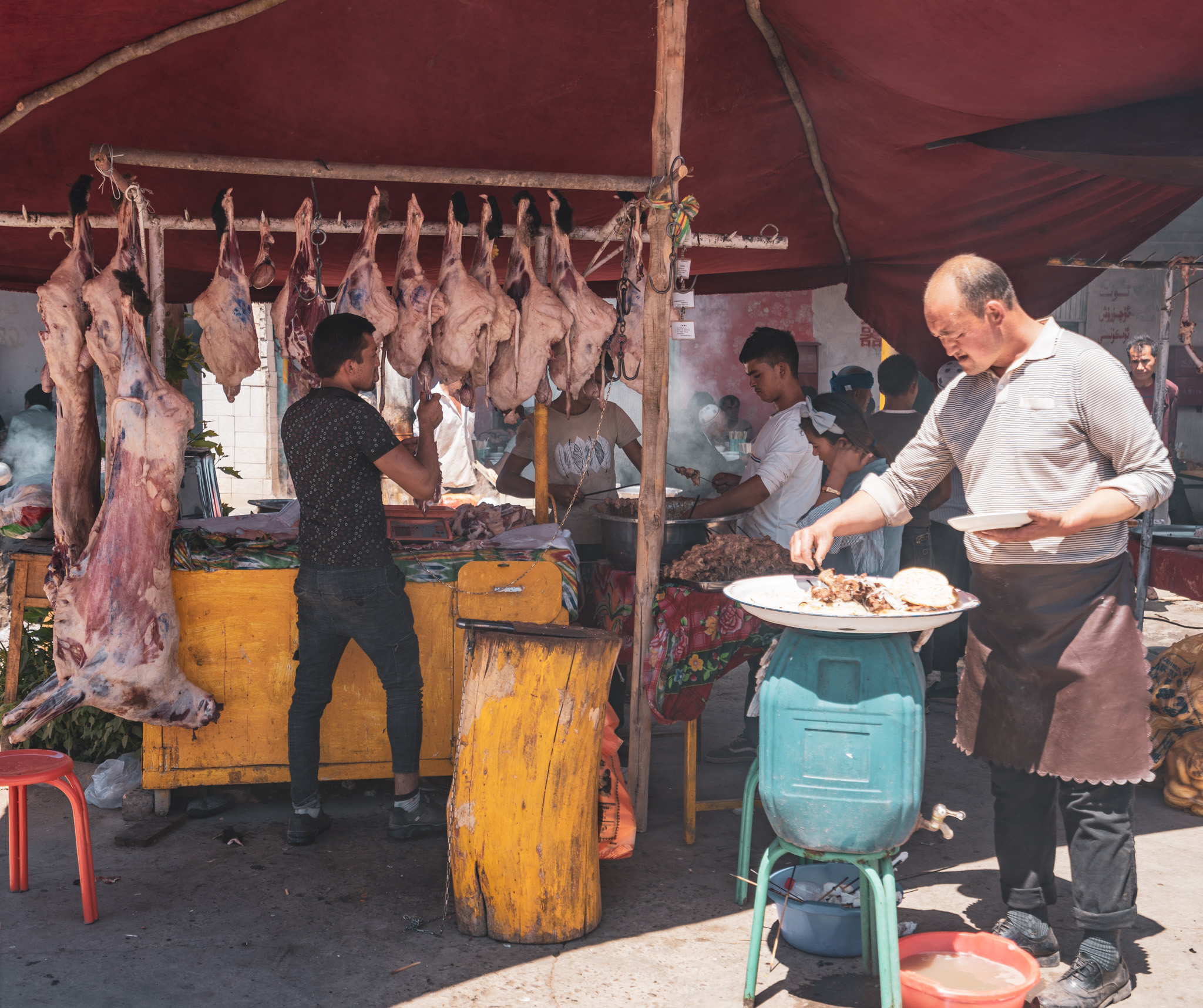 Meat for sale at an animal market in Kashgar