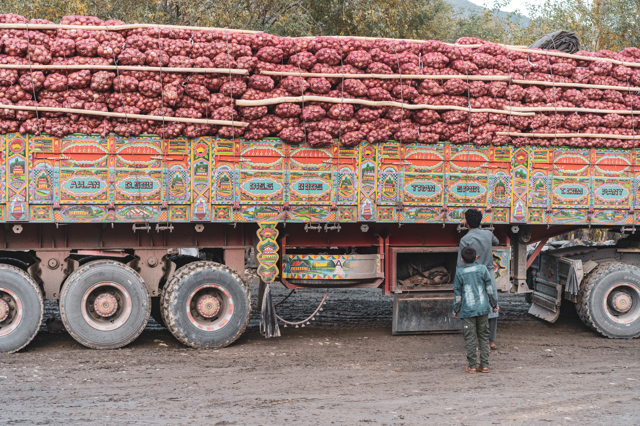 A truck loaded with pomegranates heading over Salang Pass